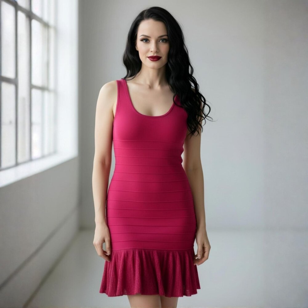 Bebe ✦ Cerise Bandage Dress ✦ Sleeveless Scoop Neck Flounce Hem Size S EUC